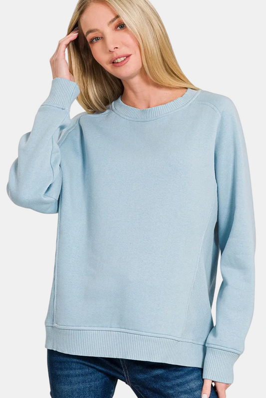Fleece Round Neck Ribbed Side Raglan Sweatshirt / ASH BLUE