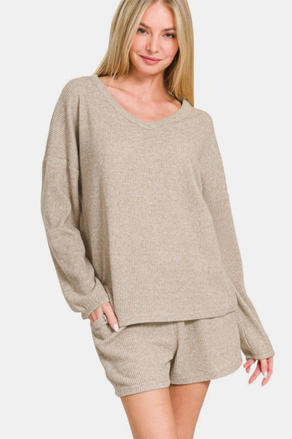 Brushed Ribbed Hacci V-Neck Long Sleeve Tee & Shorts Set