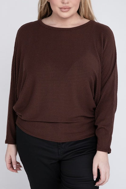 Plus Ribbed Batwing Long Sleeve Boat Neck Sweater