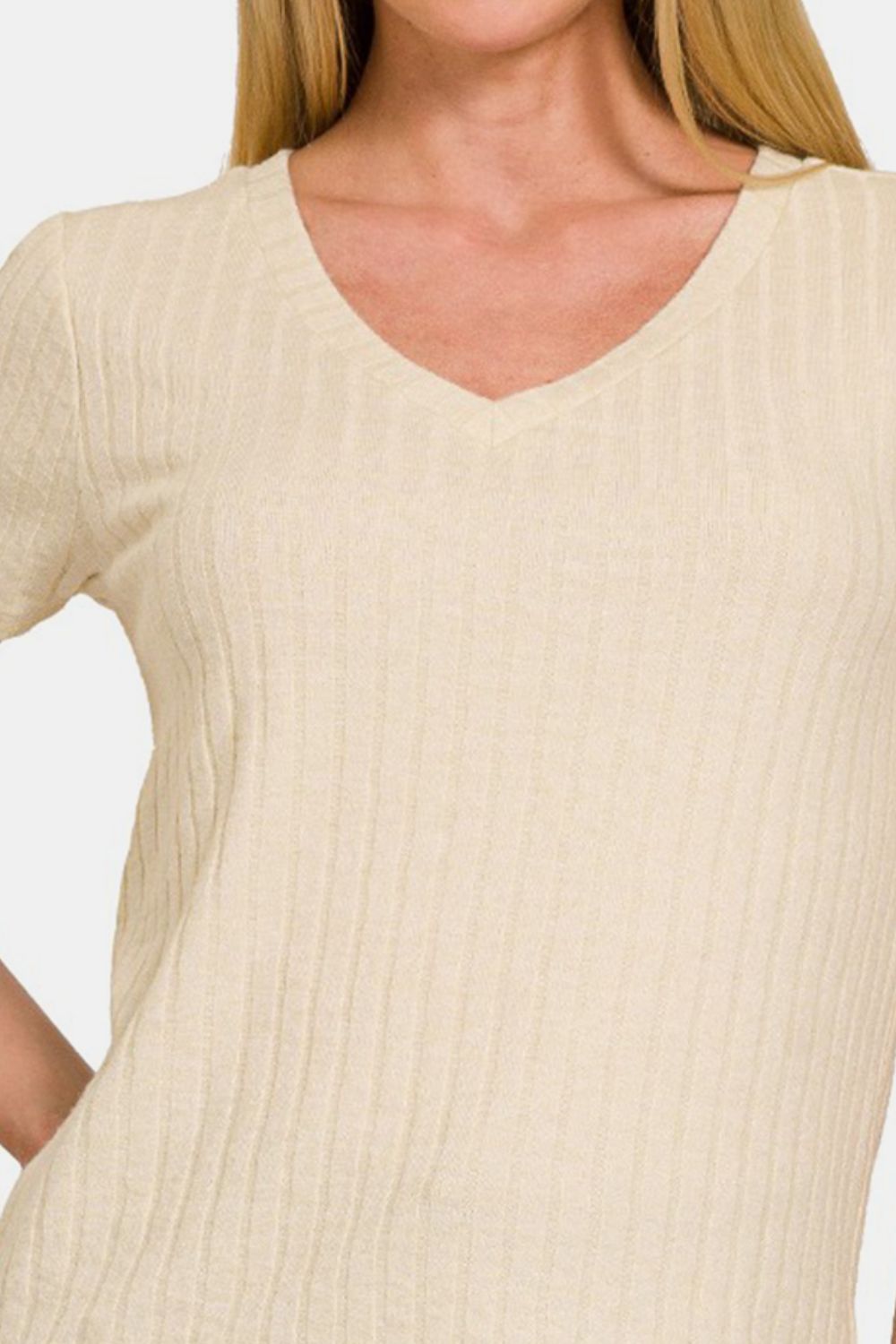 Ribbed Short Sleeve V-Neck Top