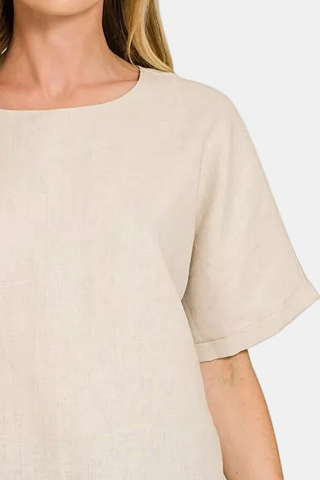 Linen Round Neck Cuffed Sleeve Top / SAND BEIGE