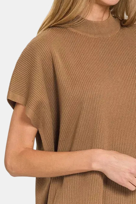 Viscose Mock Neck Short Sleeve Boxy Sweater / DEEP CAMEL