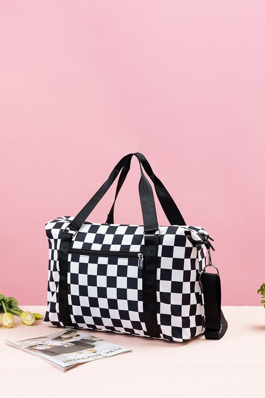 Large Capacity Checkered Travel Duffle Bag / BLACK