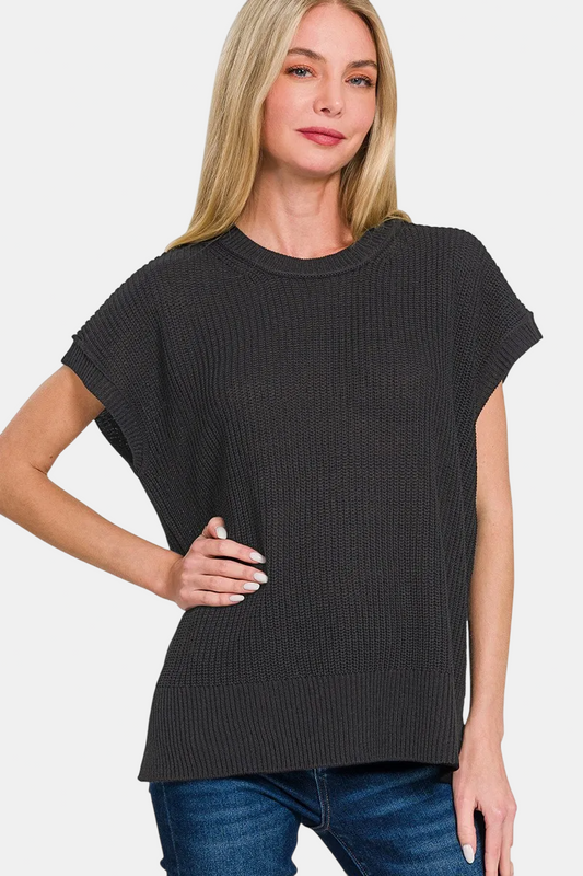 Oversized Crew Neck Sweater Vest / BLACK