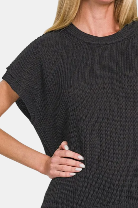 Oversized Crew Neck Sweater Vest / BLACK