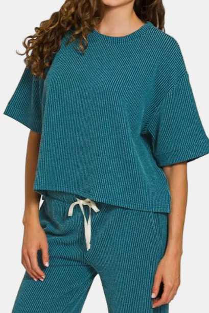 Raised Rib Short Sleeve Tee & Pants Set / TEAL