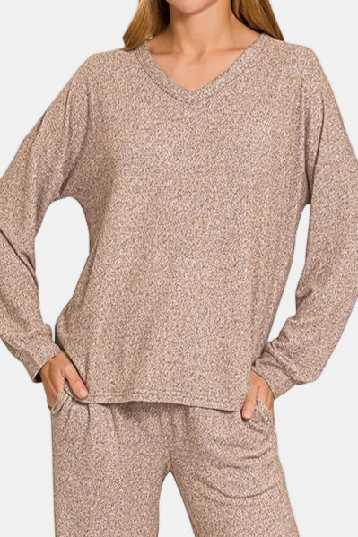 Soft Melange Long Sleeve Tee & Pants Set / BROWN