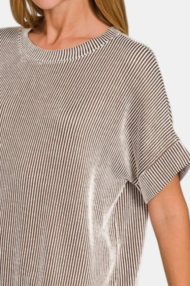 Corded Rib Short Sleeve Top / BROWN