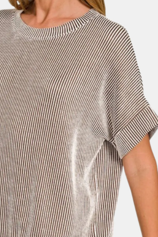 Corded Rib Short Sleeve Top / BROWN