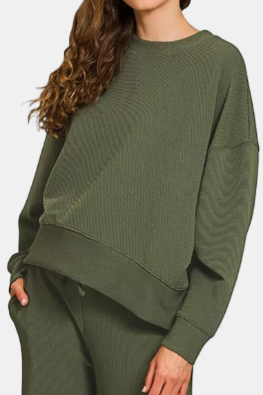 Ribbed Round Neck Pullover & Pants Set / DK OLIVE