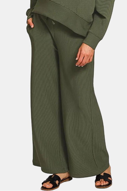 Ribbed Round Neck Pullover & Pants Set / DK OLIVE