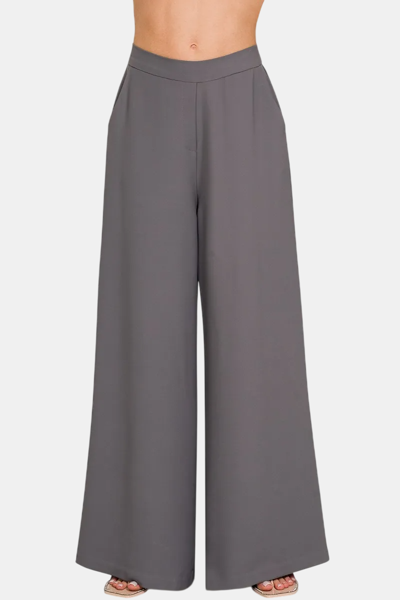 Relaxed Fit Elastic Waisted Wide Leg Pants / ASH GREY