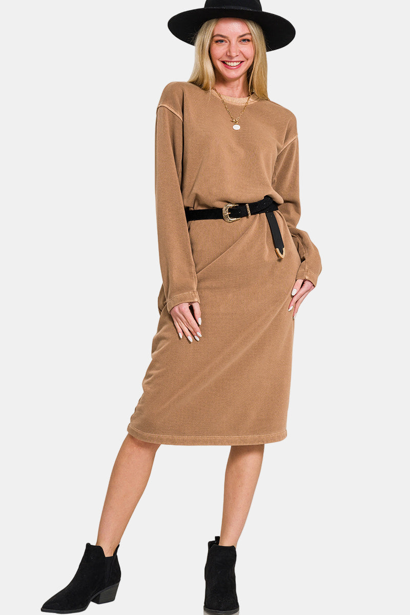 Soft Fleece Pigment Dye Sweatshirt Dress / MOCHA