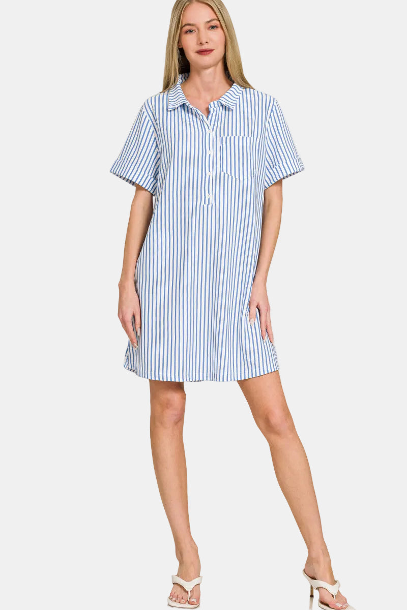 Stripe Collared Half Button Up T-Shirt Dress / RUBY