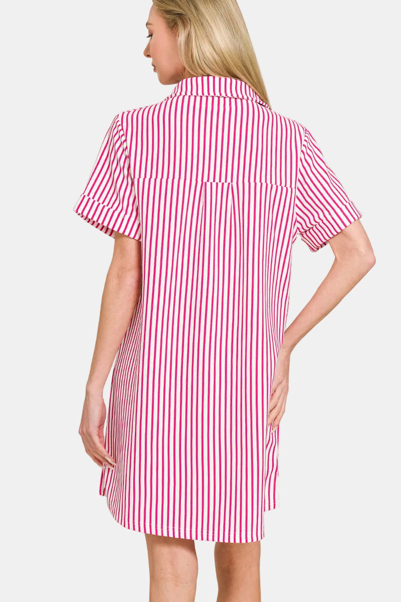 Stripe Collared Half Button Up T-Shirt Dress / RUBY