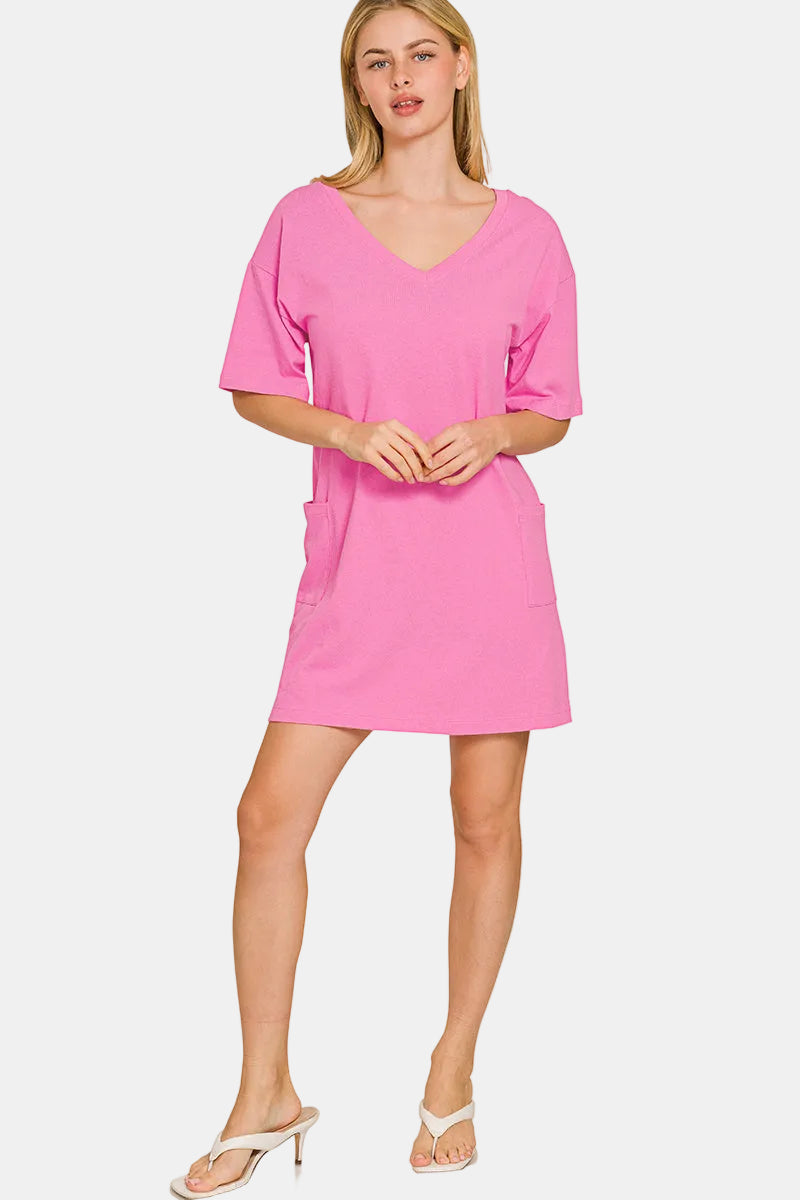 V or Scoop Neck Reversible 2-Way T-Shirt Dress / BLACK