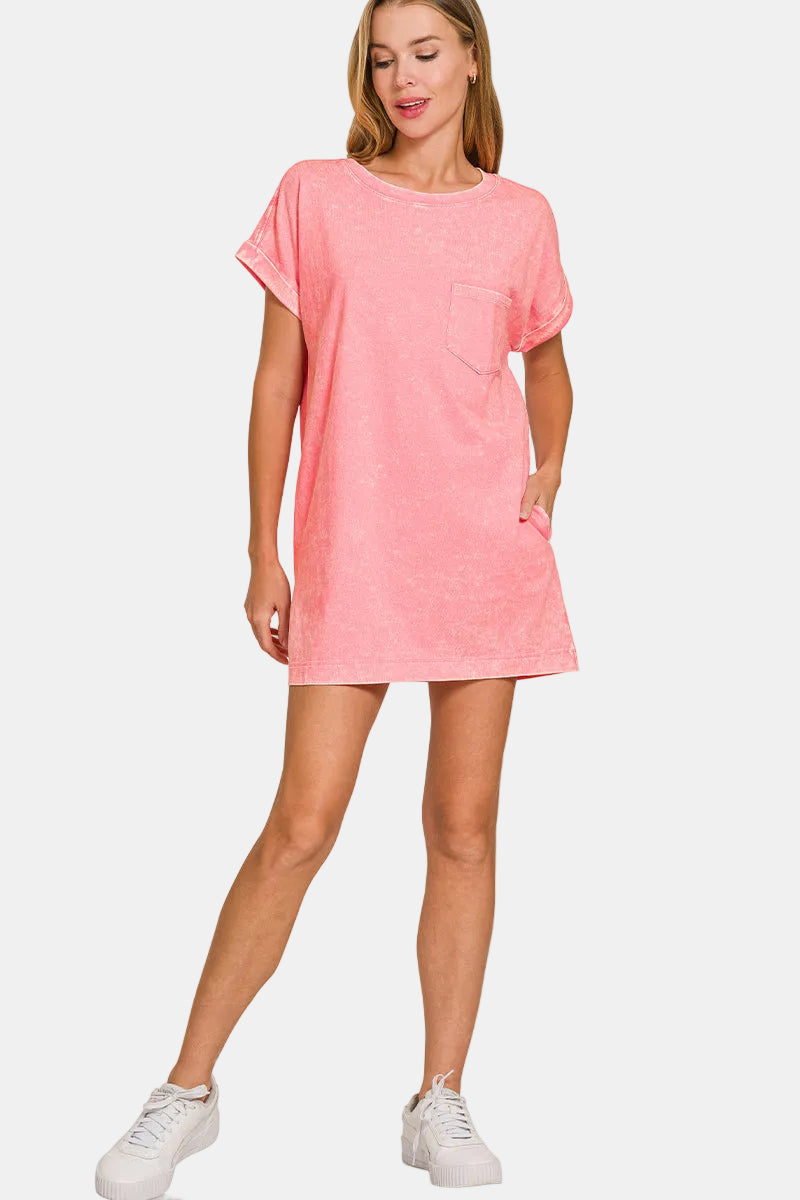 Premium Cotton Washed T-Shirt Dress / HOT PINK