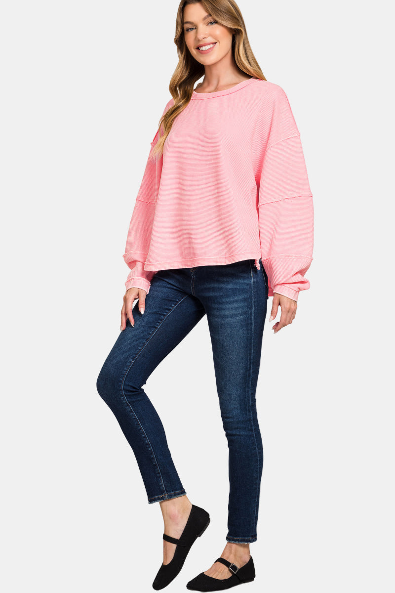 Acid Washed Double Ribbed Exposed-Seam Cropped Pullover / DK GREEN