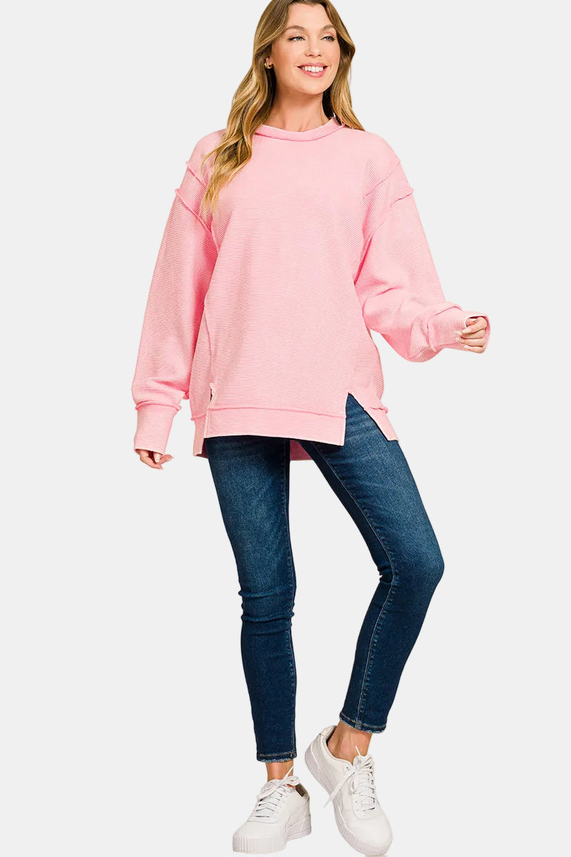 Acid Washed Double Ribbed Exposed-Seam Pullover / SAND BEIGE