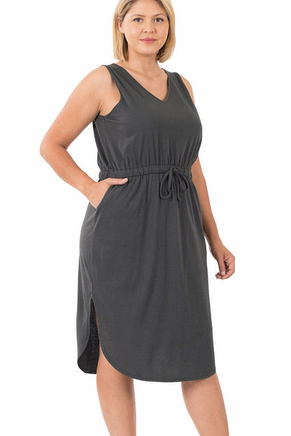 Plus Drawstring Waist Curved Hem Dress