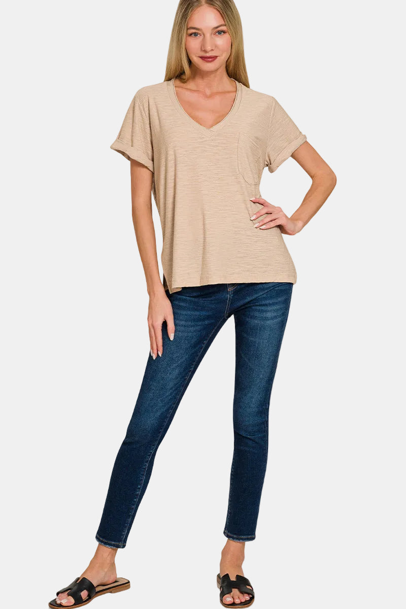 Slub Rolled Short Sleeve V-Neck Tee / WHITE