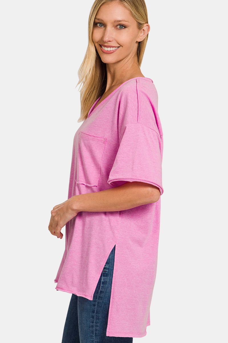 Front Pocket Raw Edge Boyfriend Tee / WHITE