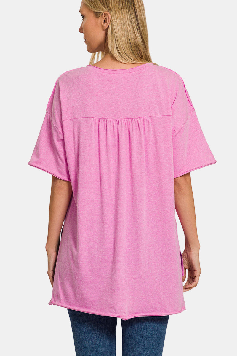 Front Pocket Raw Edge Boyfriend Tee / WHITE