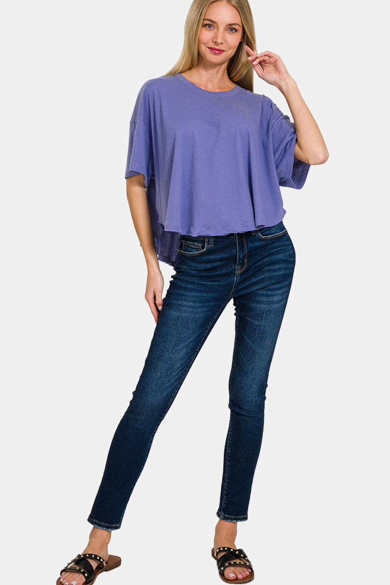 Cotton Round Neck Short Sleeve Top / H HOT PINK