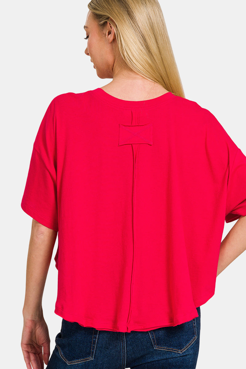 Cotton Round Neck Short Sleeve Top / H HOT PINK