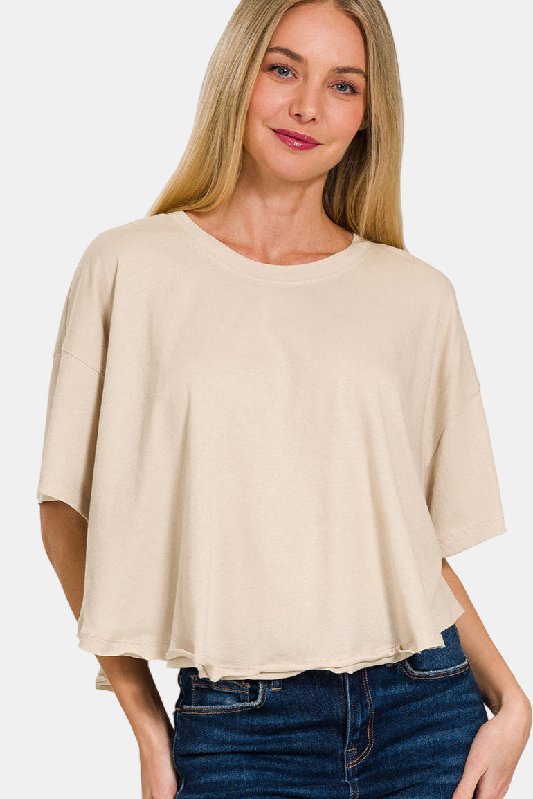 Cotton Round Neck Short Sleeve Top / H HOT PINK