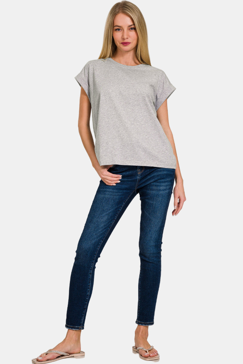 Round Neck Folded Short Sleeve T-Shirt / CORAL