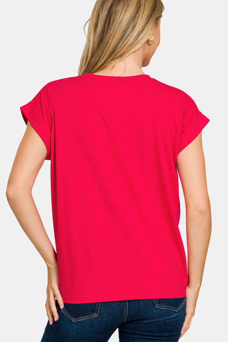 Round Neck Folded Short Sleeve T-Shirt / CORAL