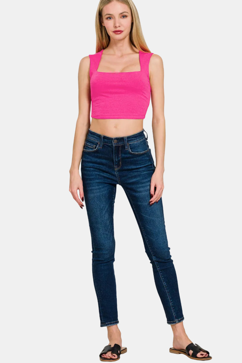 Double Layered Square Neck Cropped Bra Tank Top / CANDY PINK