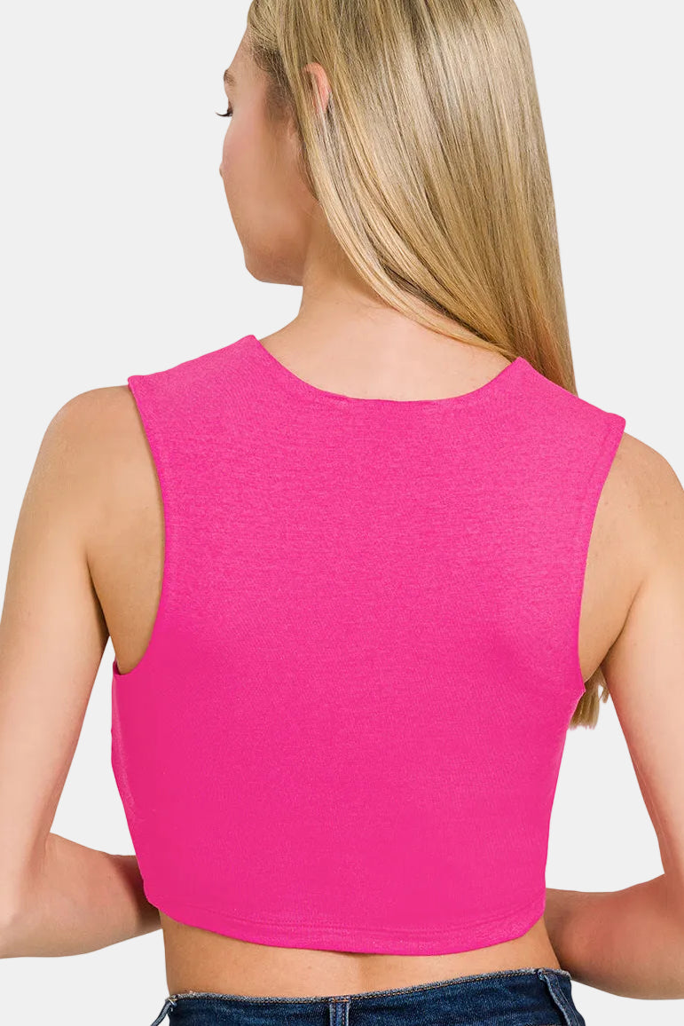 Double Layered Square Neck Cropped Bra Tank Top / CANDY PINK