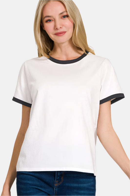 Contrast Binding Short Sleeve Tee Shirt / IVORY/BLACK