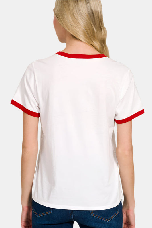 Contrast Binding Short Sleeve Tee Shirt / IVORY/BLACK