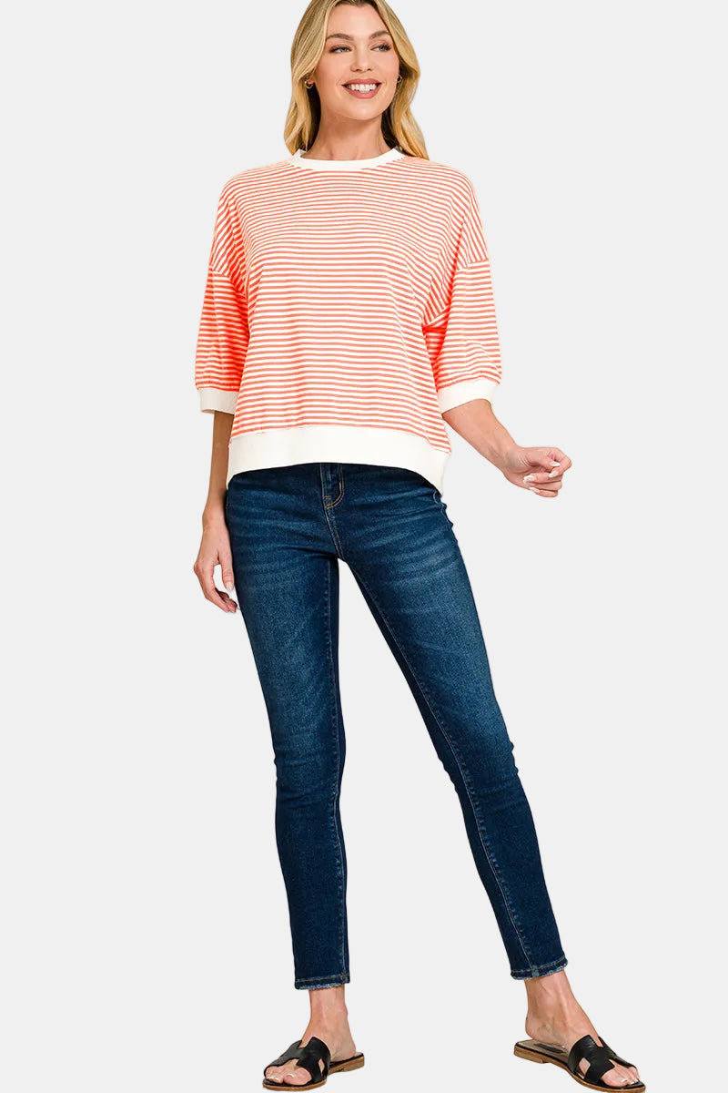 Striped Contrast Trim Banded Bottom Top / OCEAN BLUE