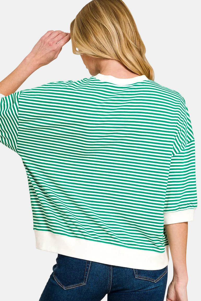 Striped Contrast Trim Banded Bottom Top / RUBY