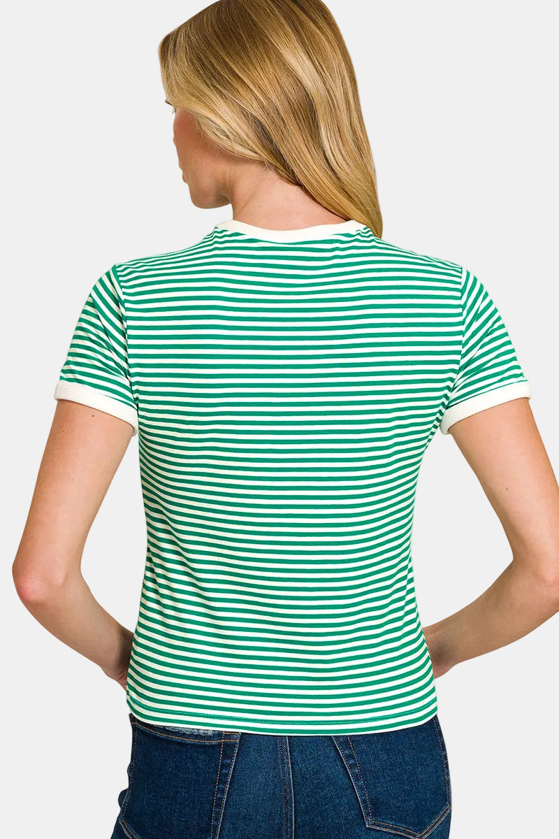 Striped Contrast Trim Tee / CANDY PINK