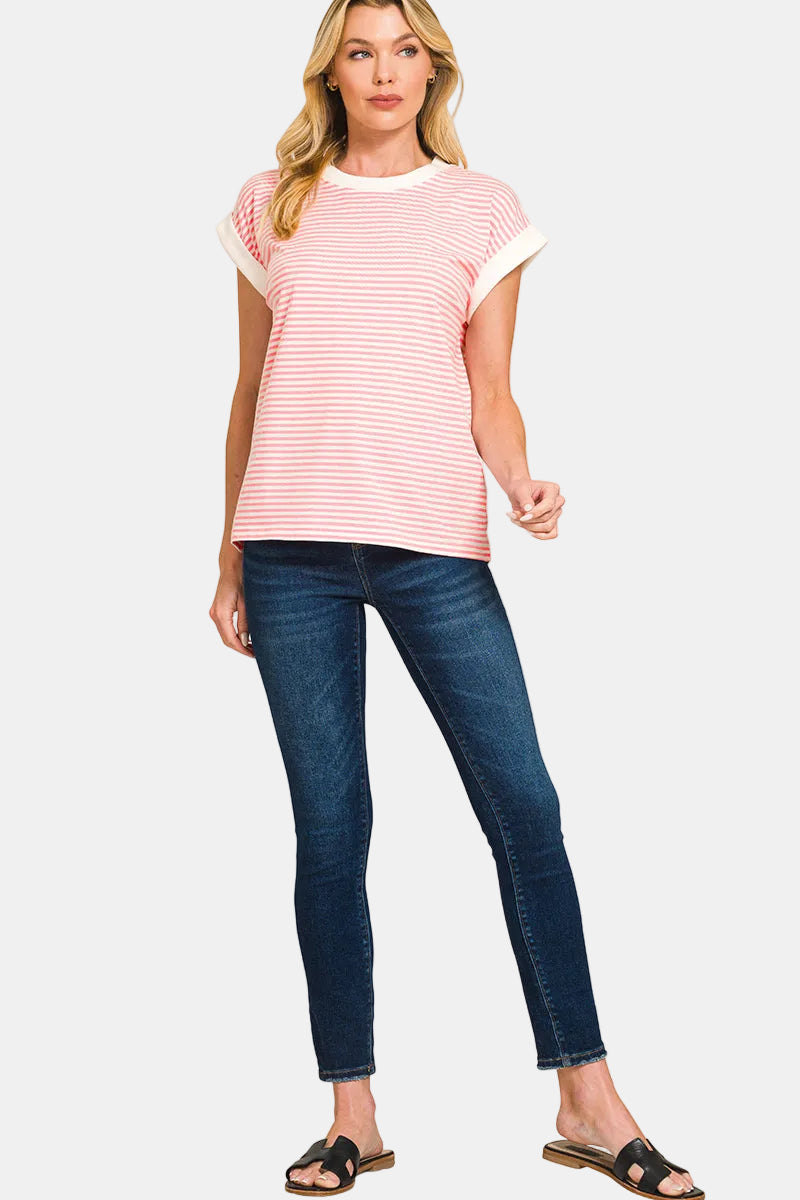 Striped Contrast Trim Top / CORNFLOWER BLUE