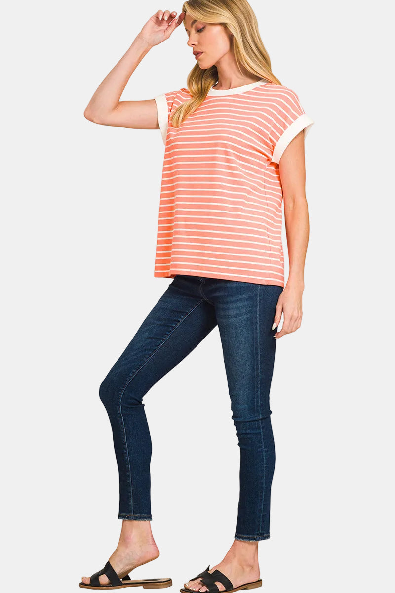 Contrast Trim Cap Sleeve Stripe Tee / RUBY