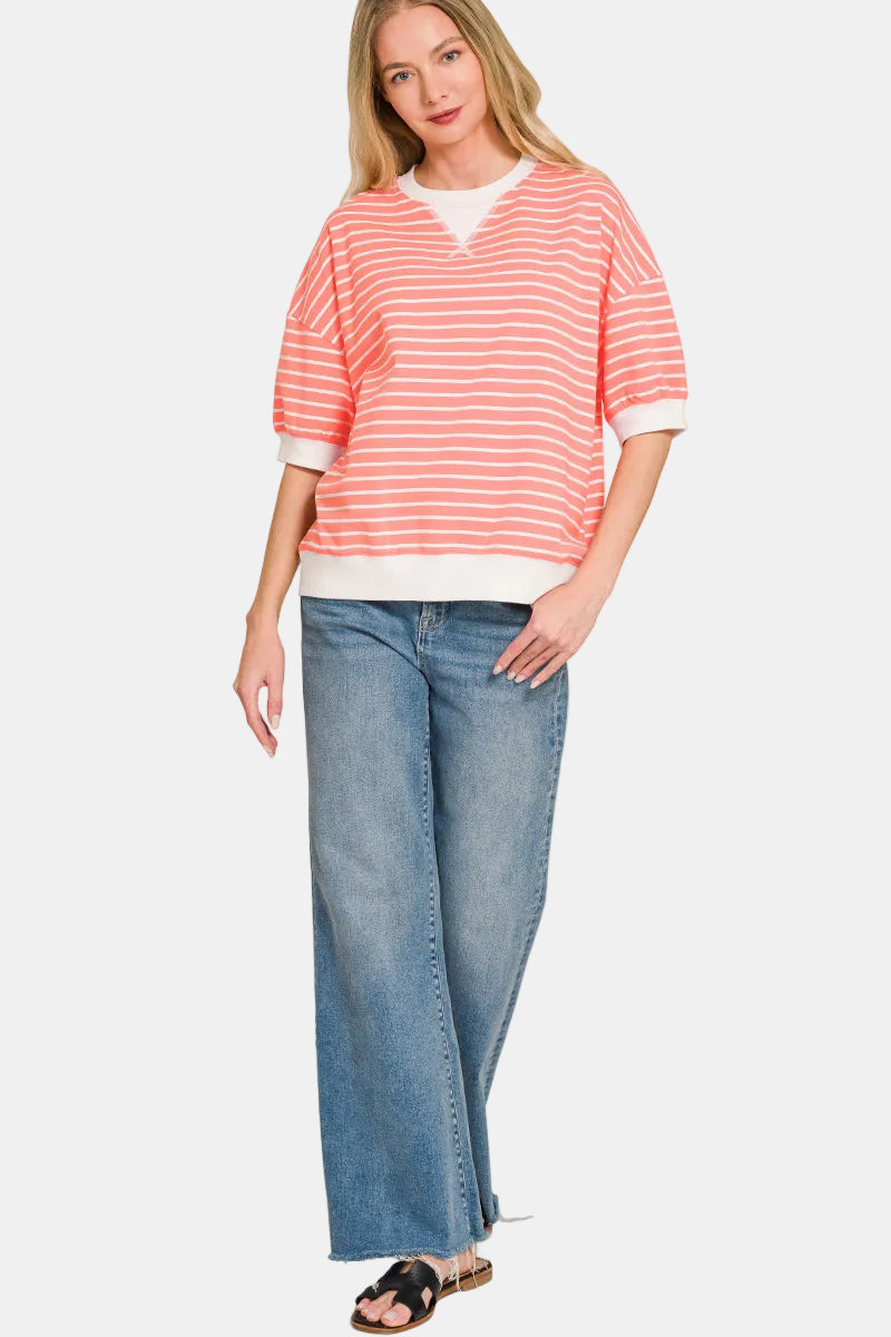 Striped Rib Half Sleeve Banded Pullover / DK GREEN