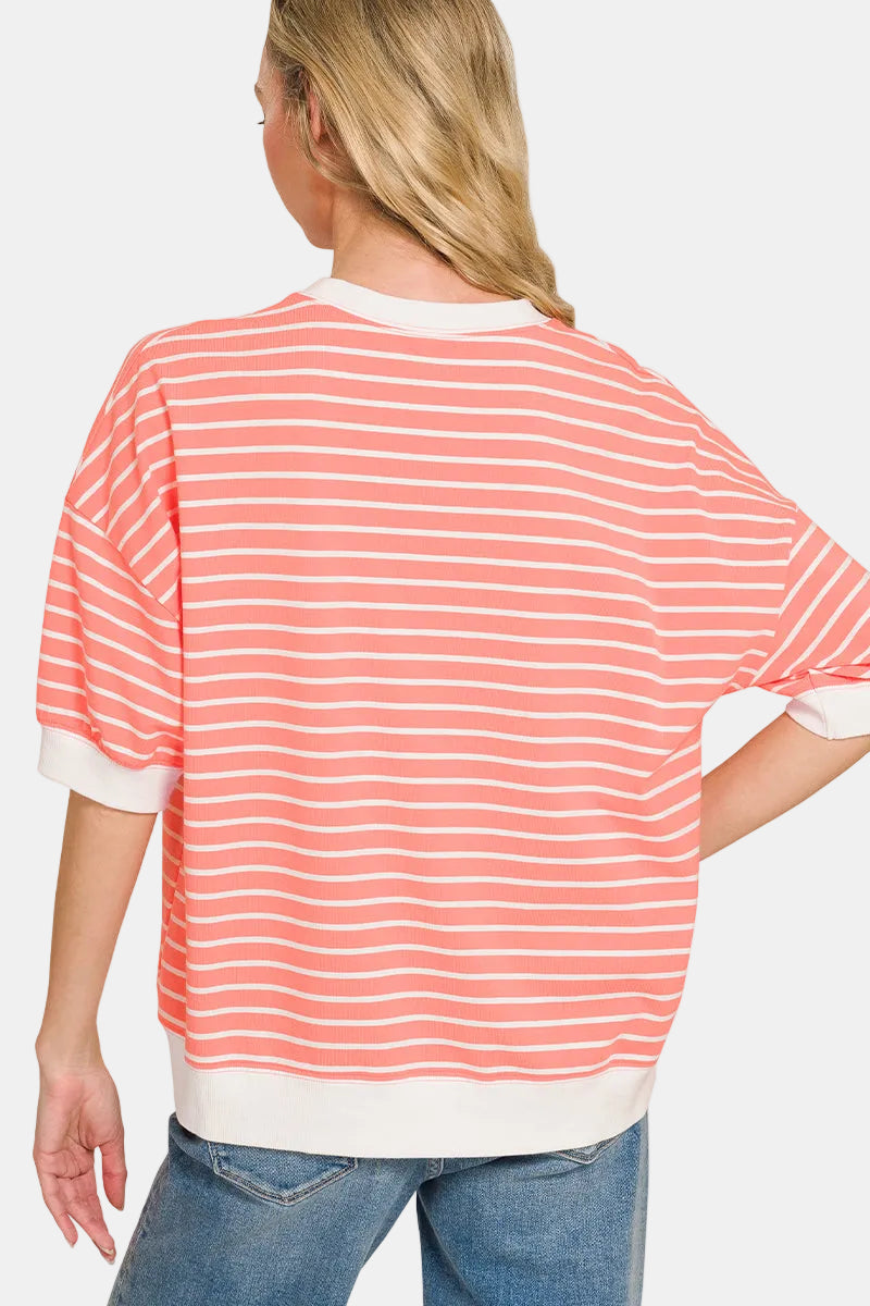 Striped Rib Half Sleeve Banded Pullover / DK GREEN