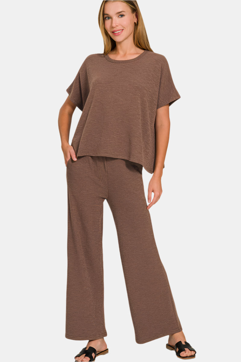 Cotton Slub Top & Pants Set / BROWN