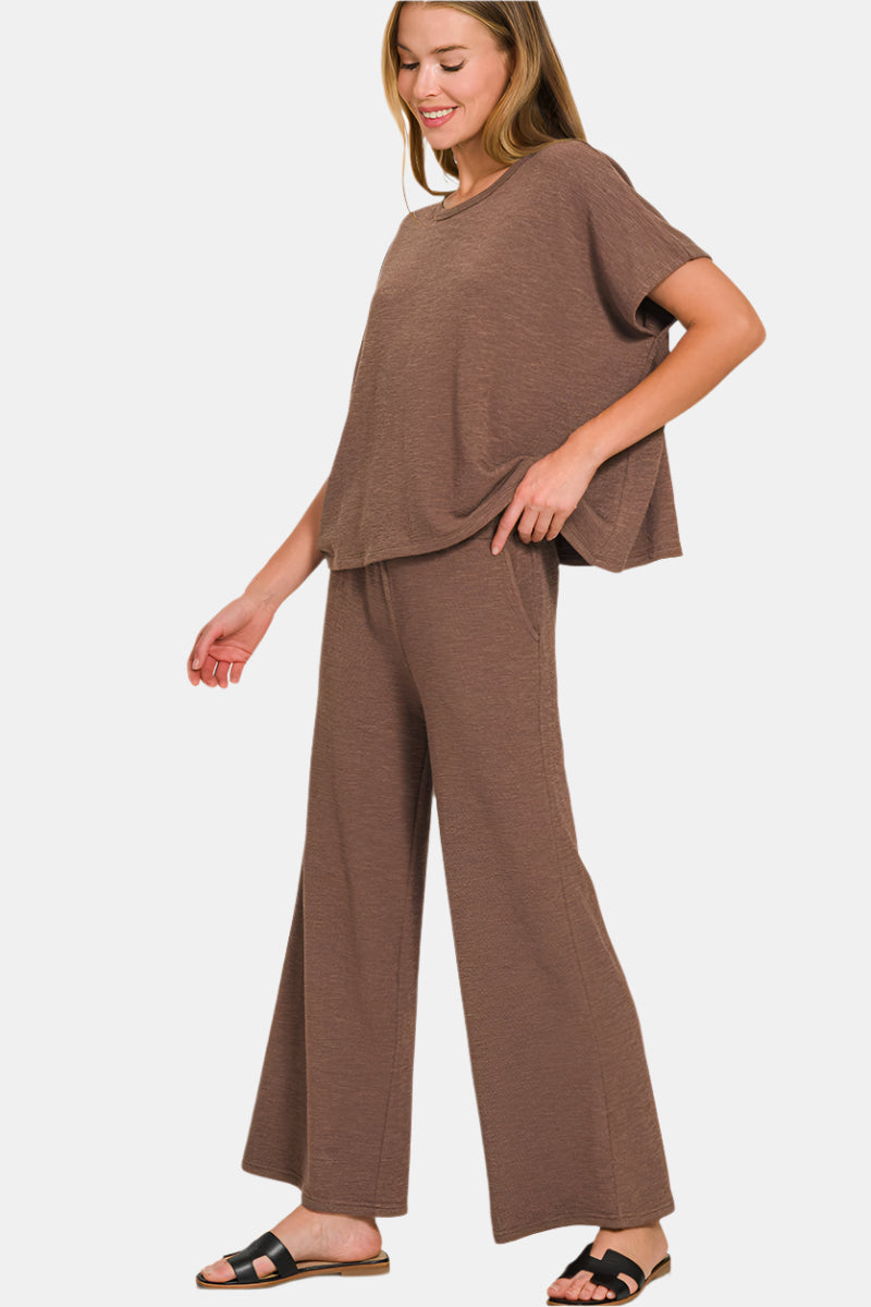 Cotton Slub Top & Pants Set / BROWN