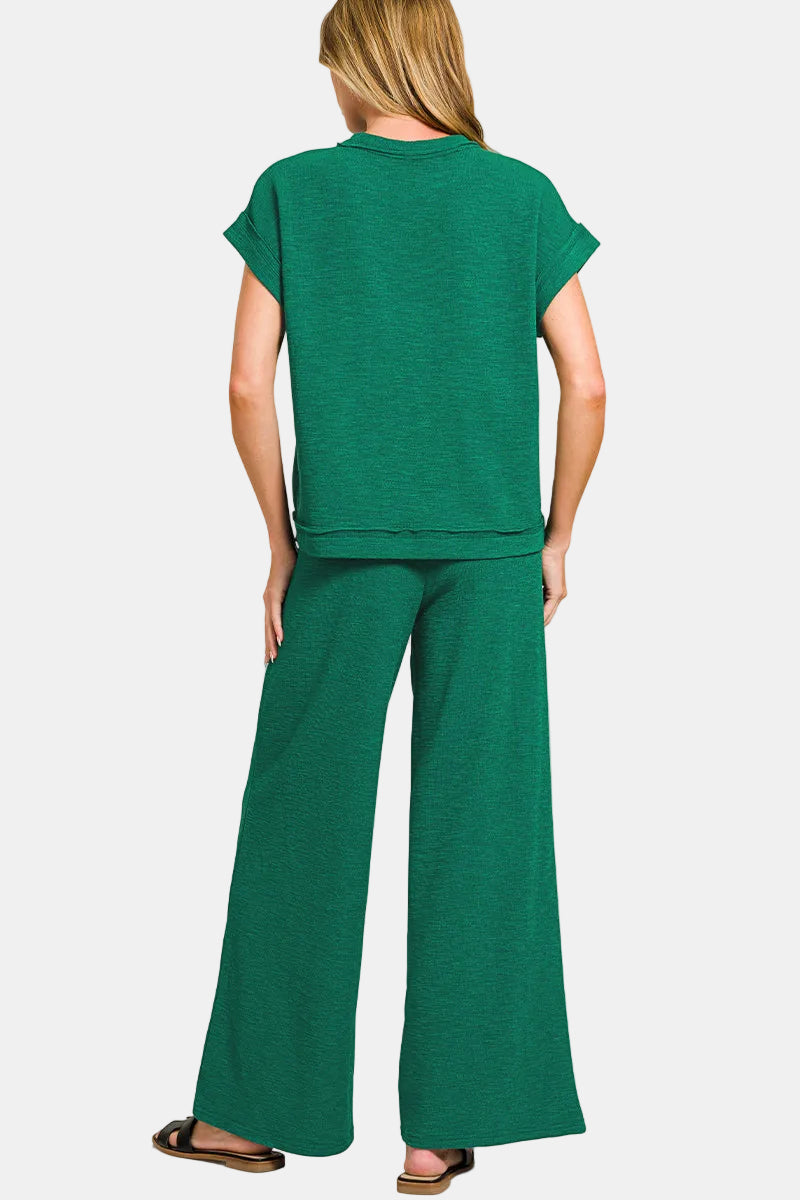 Cotton Slub Short Sleeve Tee & Long Pants Set / BROWN