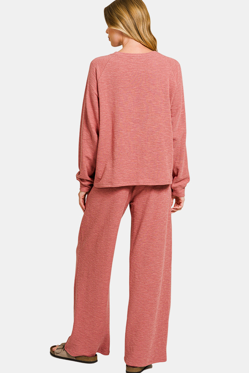 Slub Long Sleeve Top & Pants Set / DK PINK