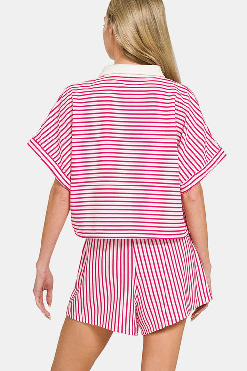 Striped Collared Top & Shorts Set / K GREEN