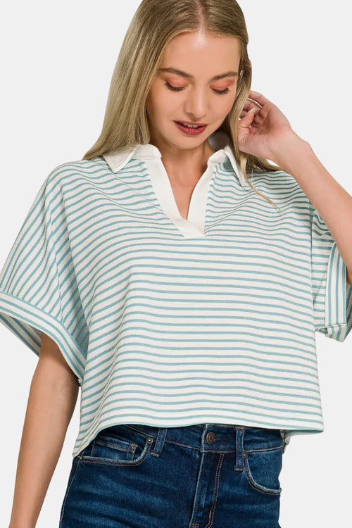 Striped Collared Top & Shorts Set / K GREEN