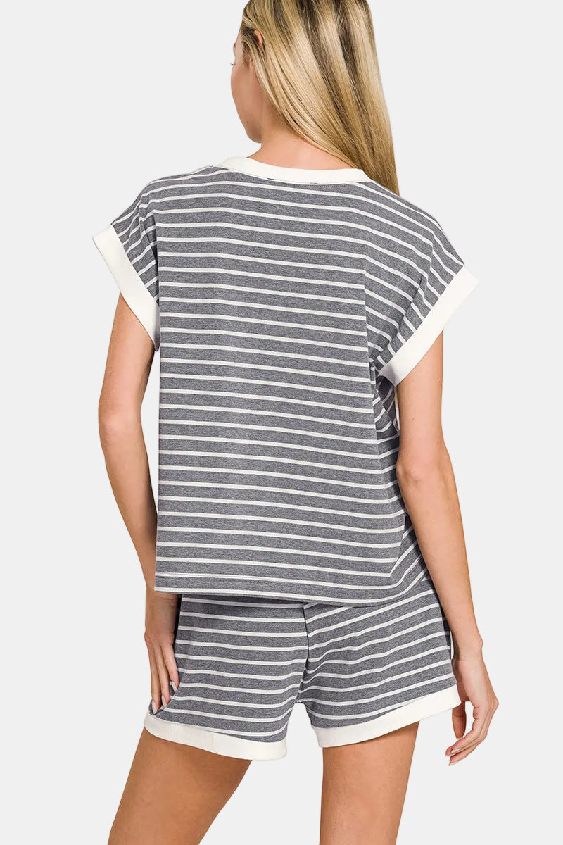 Stripe Contrast Trim Top & Shorts Set / CORNFLOWER BLUE